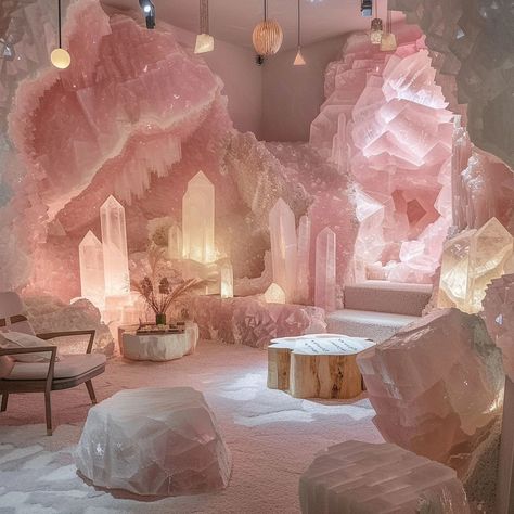 Would you live in this rose quartz room! 🥀 Comment your favorite room? 1,2,3 or 4? This is images are generated using AI #crystals #gemstone #homedecor Crystal Living Room, Crystal Room Decor, Crystal Bedroom, Magical Room, Fantasy Bedroom, Crystal Room, Fantasy Rooms, Crystal Home Decor, Pretty Landscapes