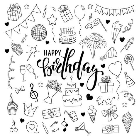 Lettering Happy Birthday, Cartoon Objects, Happy Birthday Doodles, Banner Doodle, Happy Birthday Drawings, Pen Lettering, Birthday Doodle, Brush Pen Lettering, Creative Birthday Cards