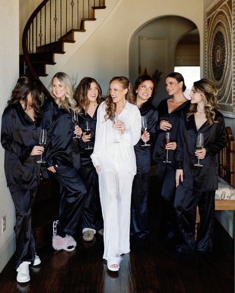 black satin pajamas Bridesmaids Before Wedding Outfit, Black And White Getting Ready Outfit, Wedding Getting Ready Set Up, Getting Ready With Bridesmaids, Get Ready Bridesmaid Outfits, Wedding Party Getting Ready Outfits, Bridesmaid Sweatsuit, Bridesmaid Pjs Pajama Set, Ischia Wedding