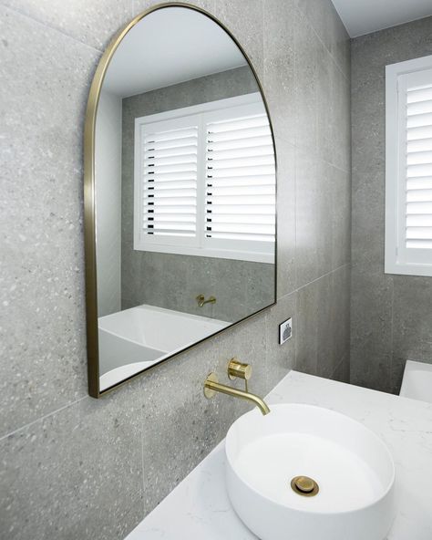 Grey Tile Gold Fixtures, Guest Wc, Light Grey Bathrooms, Grey Bathroom Tiles, Gold Fixtures, Grey Tiles, Gold Bathroom, Grey Bathrooms, Gold Handles