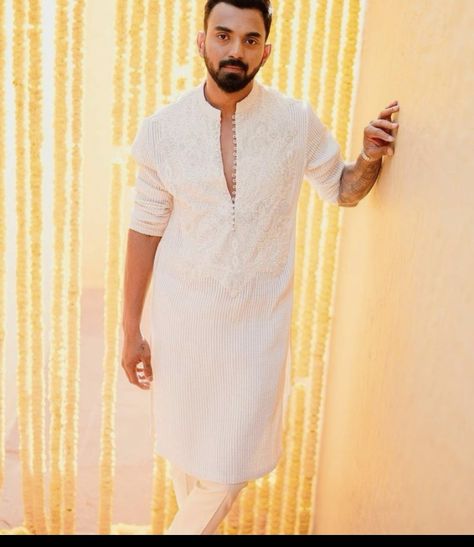 Traditional Kurta For Men, White Kurta Men, White Chikankari Kurta, Men Outfits Aesthetic, November Events, Wedding Matching Outfits, Mirror Work Kurta, Shining Dress, Athiya Shetty