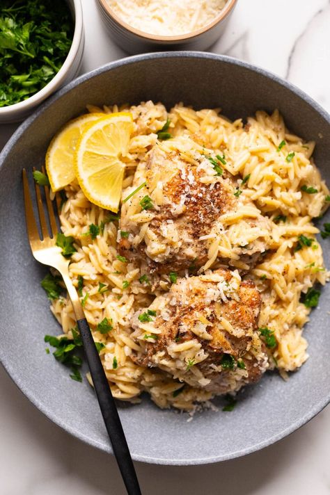 One Pot Lemon Chicken Orzo - iFoodReal.com Lemon Orzo Chicken Salad, Chicken Lemon Orzo, Lemon Chicken Orzo Recipes, One Pot Lemon Chicken Orzo, Lemon Chicken Orzo Pasta, Lemon Orzo Chicken, Lemon Chicken Orzo, Orzo Recipes Healthy, Chicken Orzo Pasta