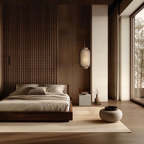 A fusion of Japanese and Scandinavian aesthetics, Japandi style embraces minimalism and functionality, characterised by clean lines, natural materials, and a neutral colour palette. The spaces are designed to evoke a sense of tranquility and simplicity, with an emphasis on light, space, and natural elements. Furniture pieces are low-profile and crafted from wood, while decor elements include organic textures and soft fabrics, creating a harmonious and serene environment that promotes relaxati... Dark Japandi, Dark Wood Interior, Japandi Style Home, Bedroom Japandi, Palace Room, All Modern Furniture, Japanese Style Bed, Japandi House, Japanese Modern House