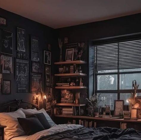 Dark Academia Boys Bedroom, Dark Small Bedroom Aesthetic, Bedroom Ideas Dark Grey Walls, Bedroom Dark Academia Aesthetic, Dark Wood Aesthetic Bedroom, Dark Aesthetic Room Decor, Small Dark Academia Bedroom, Cottage Core Dark Academia Aesthetic, Dark Aesthetic Room Ideas