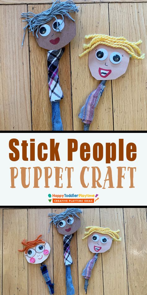 Stick People Puppets: Craft for Kids - Happy Toddler Playtime Ellie Art, People Puppets, Pineapple Crafts, Bus Crafts, Snake Crafts, Time Craft, Easy Preschool Crafts, Craft For Preschoolers, Turtle Crafts