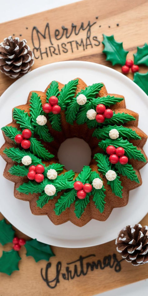 Celebrate the season with this stunning Christmas Wreath Bundt Cake! Moist and flavorful, this beautifully decorated cake is drizzled with luscious icing and adorned with festive sprinkles, making it the perfect centerpiece for your holiday dessert table. Wreath Cakes Christmas, Grinch Bundt Cake, Wreath Cake Decoration, Christmas Cupcake Wreath, Christmas Cake Ideas For Kids, Bundt Christmas Cake, Christmas Dessert Boxes Ideas, Dessert Table Ideas Christmas, Christmas Wreath Bundt Cake