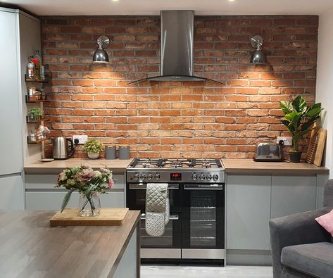 Brick Slips Kitchen, Brick Wall Kitchen, Brick Slip, Brick Kitchen Backsplash, Brick Slips, Open Plan Kitchen Living Room, Brick Tile, Kitchen Time, Stone Cladding