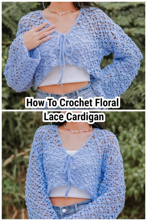 To crochet a lace cardigan, follow a pattern and choose a lightweight yarn that will show off the delicate lace stitch pattern. Make a gauge swatch to confirm your stitch and row count match the pattern’s specifications. Bolero Haken, Chic Crochet Top, Crochet Cardigan Pattern Free, Crochet Bolero, Crochet Tops Free Patterns, Aesthetic Crochet, Crochet Clothes For Women, Crochet Design Pattern, Crochet Fashion Patterns