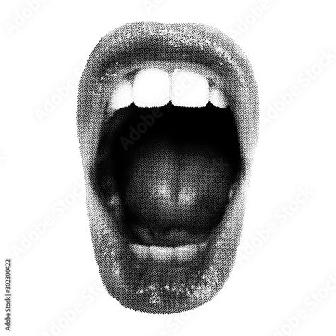 Stock Image: Wide open Halftone Female Mouth. Front view Mouth Graphic Design, Canva Arts, Halftone Collage, Mouth Png, Zine Making, Opened Mouth, Black Mac, Cherry Cherry, Black And White Comics