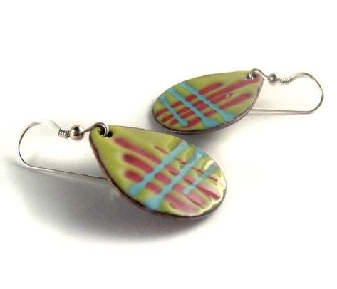 electric feel plaid enamel earrings / lime avocado green, aquamarine blue, fire red Copper Etching, Shrinky Dink Earrings, Enameled Jewelry, Green Aquamarine, Enameled Copper, Earring Cards, Bleu Turquoise, My Wardrobe, Blue Fire