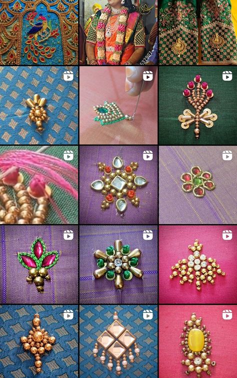 Aari Bead Buttas, Kundan Hand Embroidery, Aari Work Butti Design, Buttas Blouse Design, Aari Work Flower Design Blouse, Aari Work Pattern Design, Aari Buttas Design, Simple Aari Puttas, Buttas In Aari Work Blouse