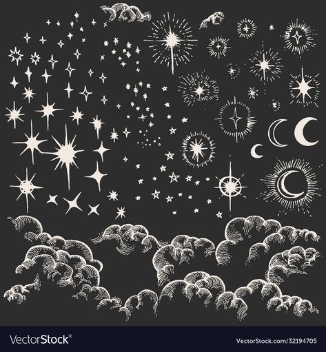 Night Stars Drawing, Stary Sky Drawing, Stars In The Sky Drawing, Clouds And Stars Drawing, Clouds Line Drawing, Night And Day Drawing, Drawing Stars Sky, Star Sky Drawing, Tattoo Night Sky