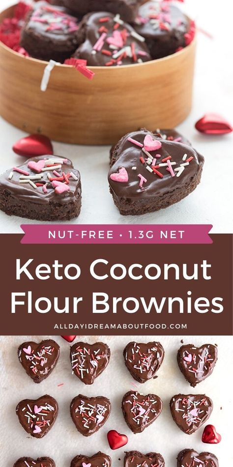 Keto Valentines Day, Coconut Flour Brownies, Keto Valentines, Sugar Free Brownies, Low Carb Brownies, Coconut Flour Recipes, Ganache Frosting, Keto Brownies, Low Carb Sweets