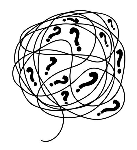 Big tangle of bubbles of confused thoughts with question marks. Vector linear drawing doodle. Psychological concept of problem solving. Question Drawing, Thoughts Doodle, Confusion Drawing, Confused Doodle, Mind Boggling Questions, Question Marks, Thought Bubble Drawing, Thought Bubble, Question Mark Illustration