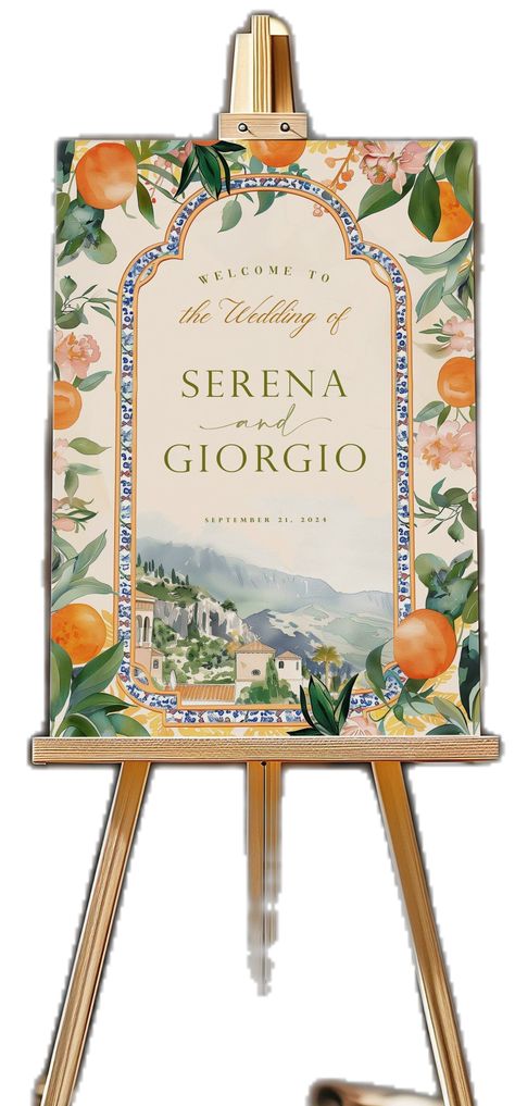 Italian Engagement Party, Italian Theme Wedding, Orange Welcome Sign, Arch Welcome Sign, Italian Engagement, Brympton House, Italian Style Wedding, Engagement Party Welcome Sign, Welcome Sign Bridal