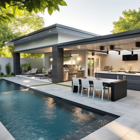 Pool Design Ideas Modern, Outside Pool Decor Backyard Ideas, Modern Pool Landscape Design, Backyard Kitchen With Pool, Modern Outdoor Pool Area, Modern Garden Design With Pool, Backyard Pool And Kitchen Ideas, Backyard Patio Designs With Kitchen, Hot Tub Pool Ideas Backyard