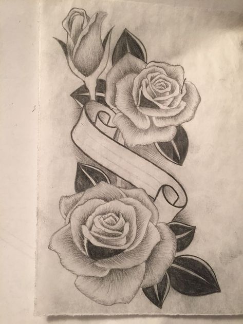 Rose design with banner in center of roses | Flower drawing, Roses drawing, Rose drawing tattoo Flower With Banner Tattoo, Roses With Banner Tattoo, Rose With Banner Tattoo Design, Rose And Ribbon Tattoo, Rose Banner Tattoo, Rose With Banner Tattoo, Heart With Roses Tattoo, Two Roses Tattoo Design, 3 Roses Tattoo Design