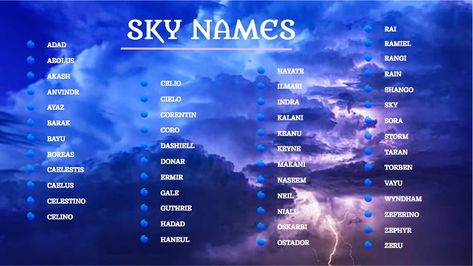 50 boys names that mean something relating to the skies listed against a stormy background of thunderclouds and lightning bolts Sky Related Names, Sky Names, Names That Mean Thunder, Storm Names, Names That Mean Air, Night Sky Names, Names That Mean Rain, Names Meaning Rain, Names Meaning Dragon