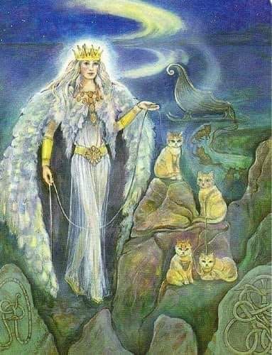 The Goddess Freya is a fertility goddess associated with domesticity, womanhood, and female sexuality. Freya’s chariot is pulled by cats, a symbol of feminine power... Norse Goddess Of Love, Celtic Deities, Freya Goddess, Symbole Viking, Norse Goddess, Norse Myth, Pagan Art, Lore Olympus, Old Norse