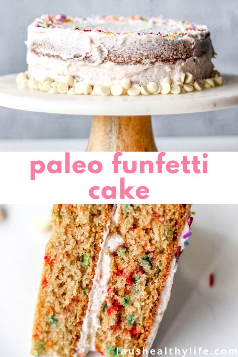 This gluten-free funfetti cake is also 100% grain-free  has dairy-free  keto options. It is rich, flavourful  has an incredible texture. Whether or not it’s your birthday this is a great treat to whip up any day! #funfetticake #glutenfreecake #glutenfreebaking #paleobaking #paleocake Paleo Birthday Cake, Paleo Cake Recipes, Gluten Free Funfetti Cake, Paleo Vegan Dessert, Paleo Baking Recipes, Paleo Cake, Vegetarian Gluten Free, Paleo Recipes Dessert, Paleo Baking