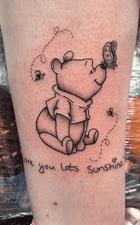 Winnie the Pooh Tattoo Design Ideas Images Pooh Bear Memorial Tattoo, Winnie The Pooh Memorial Tattoo, Fine Line Winnie The Pooh Tattoo, Winnie The Pooh And Friends Tattoo, Winnie The Pooh Tattoo Matching, Eeyore Tattoo Ideas, Pooh Tattoo Ideas, Winnie The Pooh Tattoo Ideas, Pooh Bear Tattoo