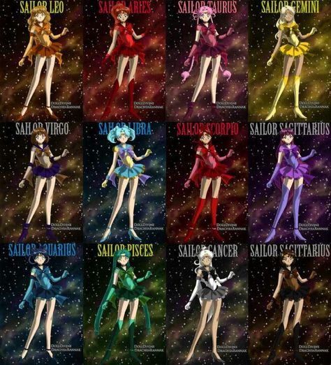 Sailor scouts zodiac signs  what's up with the colors?  also thanks for the shout out on the double Sagittarius there :P Sailor Moon Zodiac, Moon Zodiac Signs, Sailor Moon Characters, Virgo Constellation Tattoo, Moon Zodiac, Powerpuff Girls Characters, Virgo Constellation, Sailor Princess, Virgo Tattoo