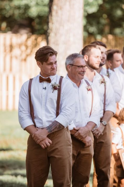 Wedding Suits With Suspenders, Rust Colored Groomsmen, Rustic Wedding Clothes For Men, Groom And Groomsmen Attire Boho, Mens Wedding Attire Khaki Pants, October Wedding Mens Attire, Men’s Khaki Wedding Outfit, Suspender Groomsmen Attire, Groomsmen Khakis And Suspenders