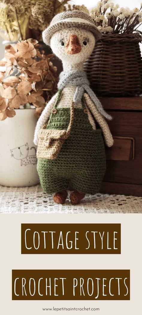 The 11 Best Cottage Style Amigurumi Projects • Le Petit Saint Crochet Cottage Style Crochet Amigurumi, Cottage Style Amigurumi, Cottage Style Crochet, Crochet Animal With Clothes, Crochet Amigurumi Hat, Amigurumi Stuffed Animals, Amigurumi Goose Free Pattern, Free Crochet Ideas, Goose Crochet Pattern Free