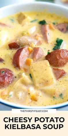 Cheesy Potato Kielbasa Soup, Potato Kielbasa Soup, Potato Kielbasa, Crispy Sausage, Kielbasa Soup, Cheesy Potato, Crock Pot Recipes, Fall Soups, Kielbasa