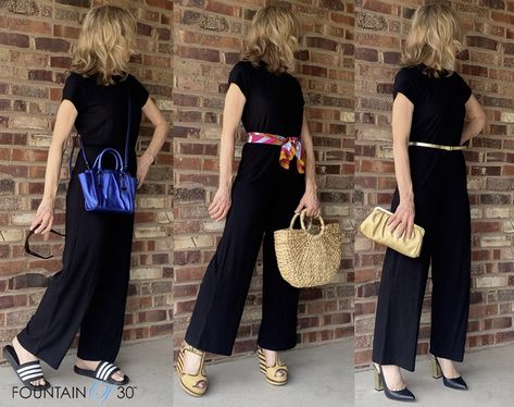 Three Different Ways to Wear A Little Black Jumpsuit How To Style A Black Jumpsuit, Black Jumpsuit With Belt, Elegant Evening Jumpsuits, Jumpsuit Ideas, How To Wear A Jumpsuit, Jumpsuit Outfit Casual, Evening Jumpsuit, Black Jumper Dress, Black Jumper