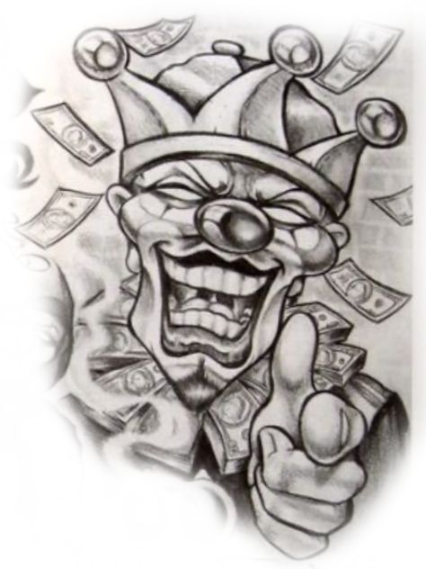 Chicano Clown Tattoo, Drawings Tattoo Ideas, Chicano Clown Drawing, Prison Drawings, Animal Sleeve Tattoo, Rose Drawing Tattoo, Card Tattoo Designs, Clown Tattoo, Chicano Style Tattoo