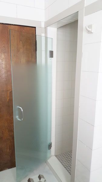 Single Swing Frameless Shower Door Swinging Glass Shower Doors, Swinging Shower Doors, Shower Privacy Glass Doors, Frosted Shower Glass Door Ideas, Tiny Cabin Bathroom, Etched Glass Shower Doors, Single Shower Door, Frosted Shower Doors, Frosted Glass Shower Door