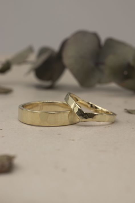 14k yellow gold wedding rings for him and her Gold His And Hers Wedding Rings, Gold Hammered Ring, Matching Gold Wedding Bands, Notched Wedding Band, Gold And Silver Wedding Band, Ring Sets Wedding, Wedding Rings For Him, Yellow Gold Wedding Rings, Rings For Him And Her