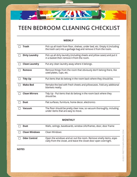 The Complete Teenager's Bedroom Cleaning Checklist Free Printable | Pretty Simple Mom Bedroom Chore Checklist, Household Checklist Free Printable, Cleaning Challenge Bedroom, Bedroom Makeover Checklist, Bedroom Rules For Teens, Teen Chore Chart Printable, Cleaning Schedule For Teens, Clean Room Checklist Bedrooms, Cleaning Room Checklist For Teens