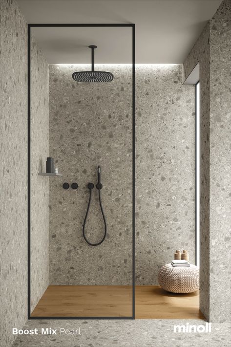 Boost Mix is inspired by the pebble patterned Ceppo Di Grè stone from the north-western shores of Lake Iseo in Italy. Distinct and dynamic in design, Boost Mix comes in three mesmerising, modern shades ranging through warm and light, to dark and cool colourways. Modern Zen Bathroom, Stone Tile Bathroom, Bathroom Recessed Lighting, Wood Tile Bathroom, Modern Shades, Wc Design, Minimalist Bathroom Design, Lake Iseo, Modern Small Bathrooms