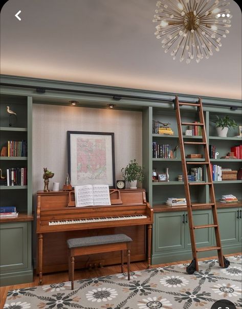 Home Library Sitting Area, Library With Coffee Bar, Piano Room Interior Design, Sitting Room Music Room, Craft And Music Room, Library And Piano Room, Built In With Piano, Home Library Music Room, Music Room Library Study