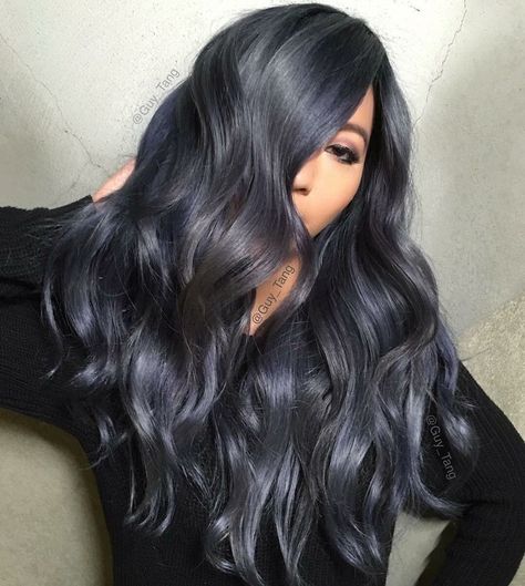 Dark Gray Hair Color, Dark Grey Hair Dye, Dark Grey Hair Color, Denim Blue Hair, Dark Gray Hair, Guy Tang Hair, Charcoal Hair, Dark Grey Hair, Denim Hair