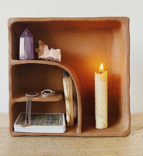 Pottery for All on Instagram: “Beautiful ceramic altar piece from @holistic.ceramics ♥️ Go check out their account and give them a follow! #paidfeature” Tiny Wall Art, Packaging Ideas For Pottery, Ceramic Wall Altar, Ceramic Altar Ideas, Air Dry Clay Shelf, Meditating With Crystals, Clay Shelf, Ceramic Altar, Clay Furniture