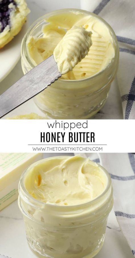 Whipped honey butter recipe by The Toasty Kitchen. is an easy, 3-ingredient recipe that's ready in minutes! Slather this sweet spread onto biscuits, pancakes, muffins, and more. #whippedhoneybutter #honeybutter #whippedbutter #condiment #breakfast #biscuitbutter #Honey #recipe Whipped Honey Butter Recipe, Whipped Honey Butter, Pancakes Muffins, Homemade Honey Butter, Flavored Butter Recipes, Butter Recipes Homemade, Honey Butter Recipe, Whipped Honey, Cinnamon Honey Butter