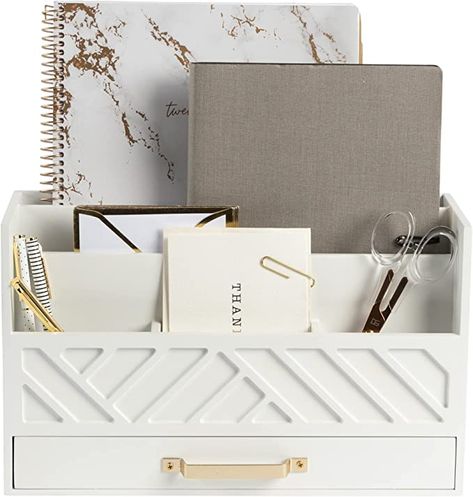 Amazon.com: White Wooden Desk Organizer with Drawer and Gold Handle - Desk Organizers and Accessories for Office Organization and Storage - Home, Office and Classroom Desk Supplies and Organizers by Blu Monaco : Office Products Grey Wooden Desk, Writing Utensils Organization, White Wooden Desk, Study Desk Organization, Small Desk Organization, White Wood Desk, Classroom Desk, Wooden Desk Organizer, Desk Organizer Set