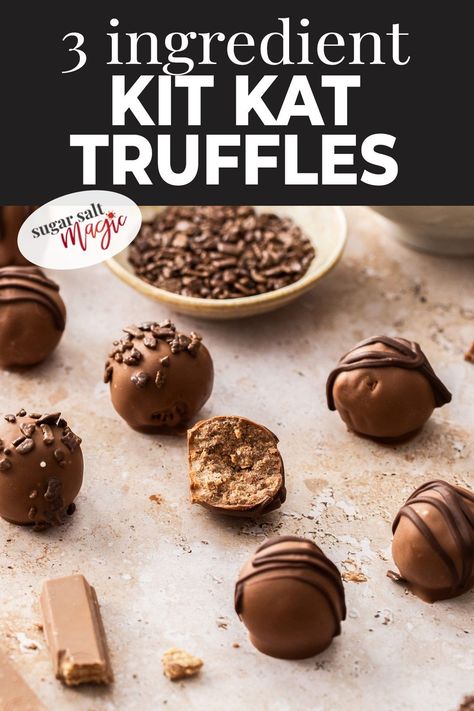 KitKat truffles - 3 ingredients, no bake and so easy to make. These simple condensed milk truffles taste of KitKat and are the perfect after dinner treat or gift. They’re even so easy the kids can make them. These truffles have the rich indulgent taste of Kit Kat bars. The truffle balls then have a milk chocolate coating (though you could certainly use dark). They’re so easy make, no baking required, only need 3 ingredients and they’re fun to put together too. Recipes Using Kit Kat Bars, Kit Kat Truffles, Kit Kat Recipes Desserts, Kit Kat Cookies Recipes, Kitkat Dessert Recipes, Easy Truffles No Bake 3 Ingredients, No Bake Truffles Easy, Kitkat Truffles, Condensed Milk Truffles