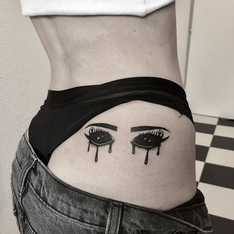 Black bleeding eyes tattoo on the hips | www.otziapp.com 16 Tattoo, Grunge Tattoo, Scary Tattoos, Inspiration Tattoos, Creepy Tattoos, Horror Tattoo, Badass Tattoos, Aesthetic Tattoo, Dark Tattoo