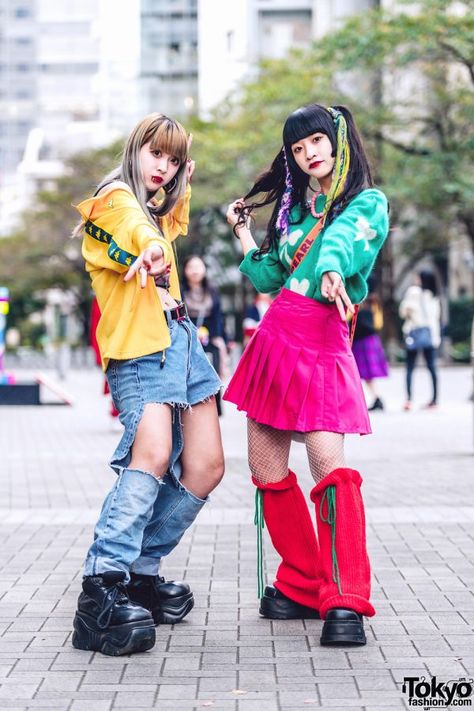 Tokyo Girls Colorful Street Styles w/ Rainbow Hair Falls, Peco Club, Kappa, Y-3, Oh Pearl, Remake Fashion & Demonia Platforms Japanese Fashion Aesthetic, Japan Street Fashion, Demonia Platforms, Colorful Street Style, Mode Harajuku, Hair Falls, Japan Fashion Street, Harajuku Street, Harajuku Fashion Street