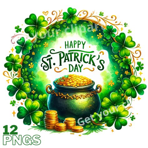 St. Patrick's Day, Clover Watercolor, St Patricks Day Clipart, Composition Painting, Colorful Palette, Irish Culture, St Patrick's Day Crafts, Festive Collection, Png Graphics