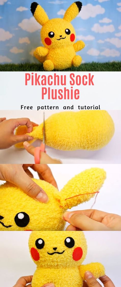 DIY Pikachu Sock Plushie - Stitch and Sew Craft Diy Pikachu, Sock Animals Diy, Plushies Diy, Pikachu Pikachu, Pokemon Diy, Pokemon Craft, Sock Dolls, Sock Toys, Diy Socks