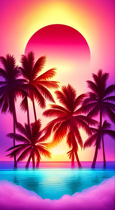 A colorful sunset over the ocean in Miami, fantasy vaporwave aesthetic art Neon Ocean Aesthetic, Drawing Aesthetic Sketchbook, Neon Aesthetic Wallpaper, Neon Art Painting, Neon Sunset, Tropical Neon, Neon Beach, Sunset Over The Ocean, Beautiful Beach Pictures