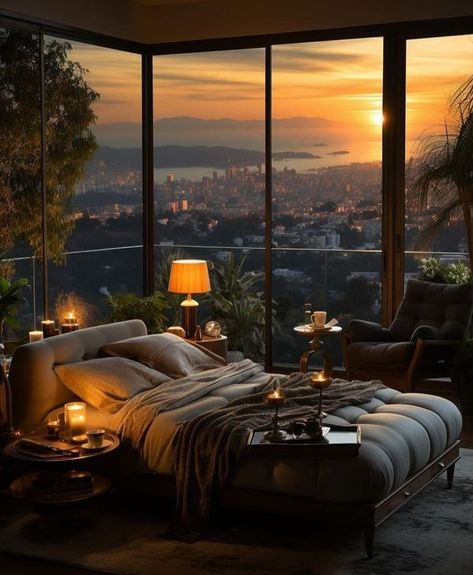 Just Decorate! | Bedroom with a breathtaking view | Facebook 1980s Interior, Villa Bedroom, Decorate Bedroom, Cozy Places, Curated Decor, Tree House Decor, Home Decor Crate, Aesthetic Rooms, Home Decor Color