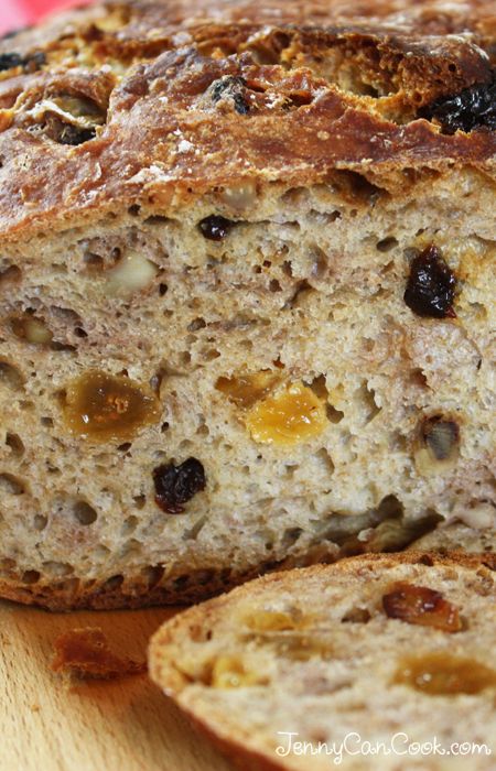 No Knead Fruit and Nut Bread recipe from Jenny Jones (JennyCanCook.com) - Easier, faster no knead whole wheat bread. #bread #jennyjones #nokneadbread No Knead Whole Wheat Bread, Fruit And Nut Bread, Jenny Can Cook, Nut Bread Recipe, Jenny Jones, Raisin Bread, Nut Bread, No Knead Bread, No Knead