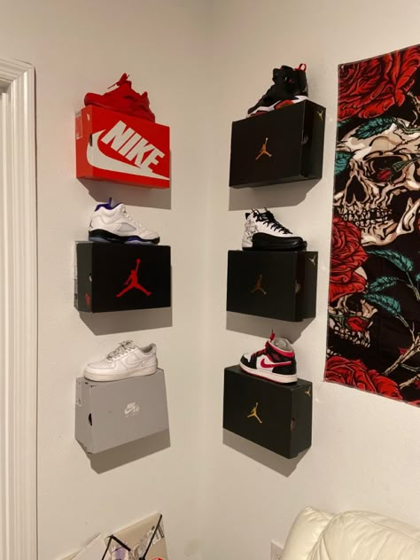 Trainer Display Bedroom, Shoe Wall With Boxes, Shoe Box Wall Display, Nike Boxes On Wall, Shoe Box On Wall, Shoes In Bedroom, Shoe Display Ideas Bedroom, Trainer Wall, Jordan Wall