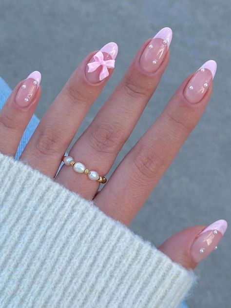 Nail Ideas Cute Pink, Nail Ideas Glitter French Tip, Short Acrylic Nails Simple Classy, Pink Acrylic Nail Designs Almond, Danish Pastel Nail Ideas, Fake Nail Design Ideas, Summer Pearl Nails, Cute Nails Acrylic Summer 2024, Nails With Flowers Simple